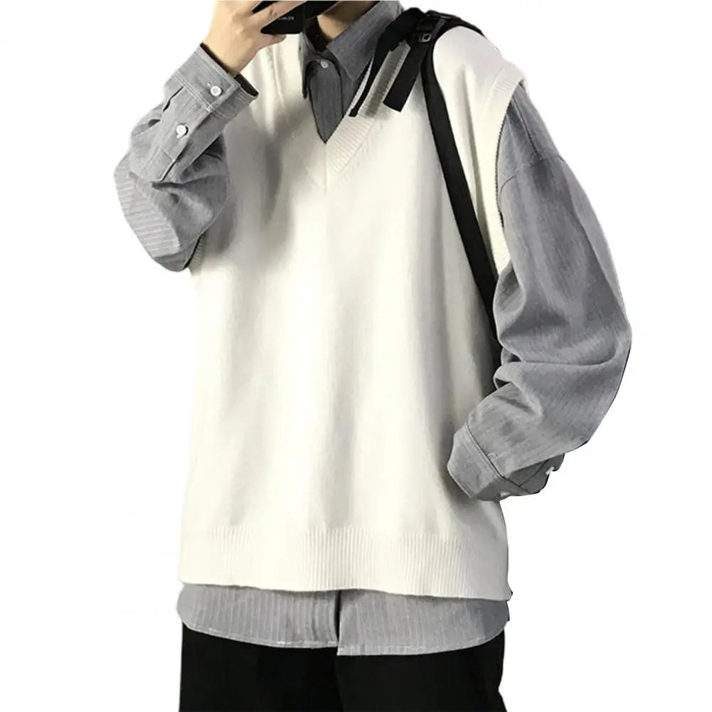 Men Sweater Vest V Neck Solid Color Sleeveless All Match Spring Sweater for School Male Pullovers Men's Clothing Streetwear Street King Limited