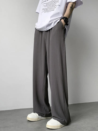 summer texture straight pants for men korean fashion baggy wide leg trousers casual drape pleated striped y2k pantalones hombre unique default style 500