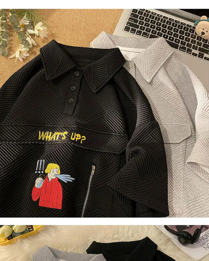 Korean waffle short-sleeved polo shirt with cartoon pattern summer jacquard collar t-shirt for men ins Hong Kong style loose top Street King Limited