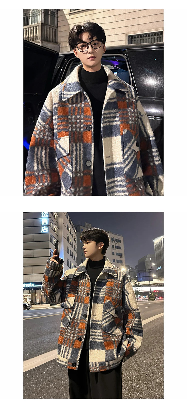 autumn winter campus boy plaid woolen coat men streetwear fashion loose casual retro thick jacket man bomber coat outerwear unique default style 941