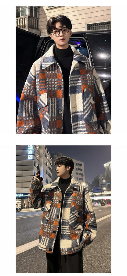 autumn winter campus boy plaid woolen coat men streetwear fashion loose casual retro thick jacket man bomber coat outerwear unique default style 941