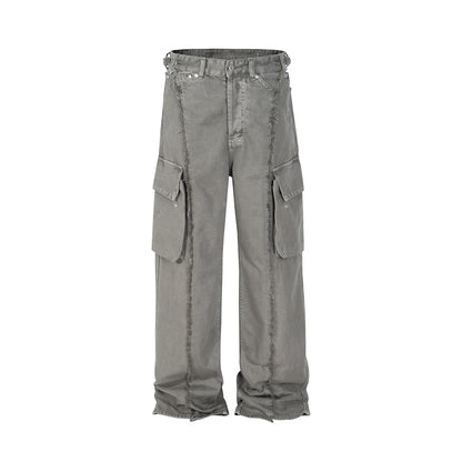 y2k streetwear tassel multi pocket jeans for men straight solid baggy cargo pants pantalones hombre casual denim trousers 1 baggy cargo bottoms