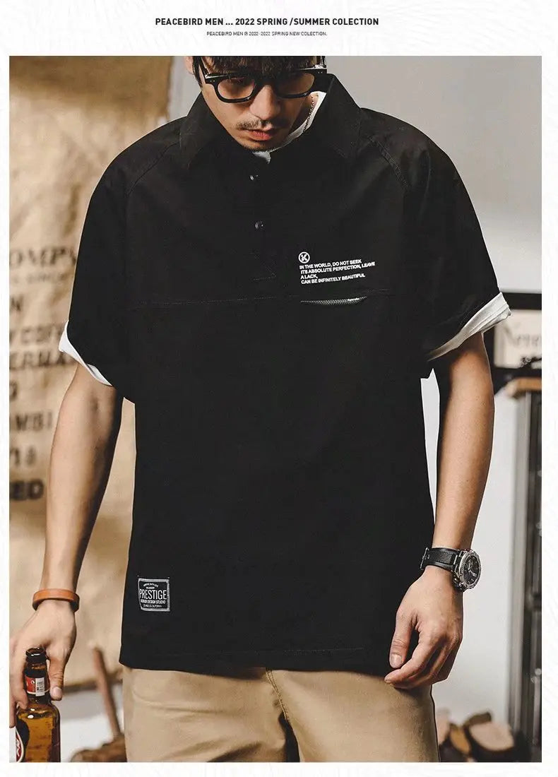 American Vintage Short-Sleeved T-Shirt Men's Summer Vintage Workwear Polo Shirt Loose And Versatile Five-Quarter Sleeve Top Street King Limited