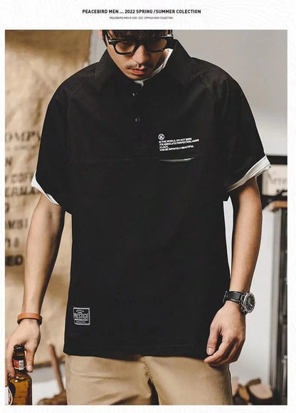 American Vintage Short-Sleeved T-Shirt Men's Summer Vintage Workwear Polo Shirt Loose And Versatile Five-Quarter Sleeve Top Street King Limited