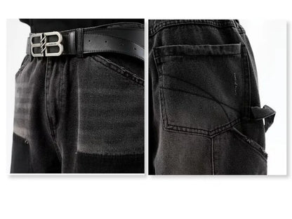 Summer Slim High Street Jeans Mens Washed Rough Edge Patchwork Straight Cowboy Pants Pockets Design Rivets Denim Trousers Thin Street King Limited