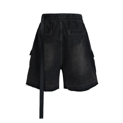 ro style ribbons streetwear multi pockets cargo short for men elastic waist wide leg baggy jeans knee length pants loose overall military streetwear pants