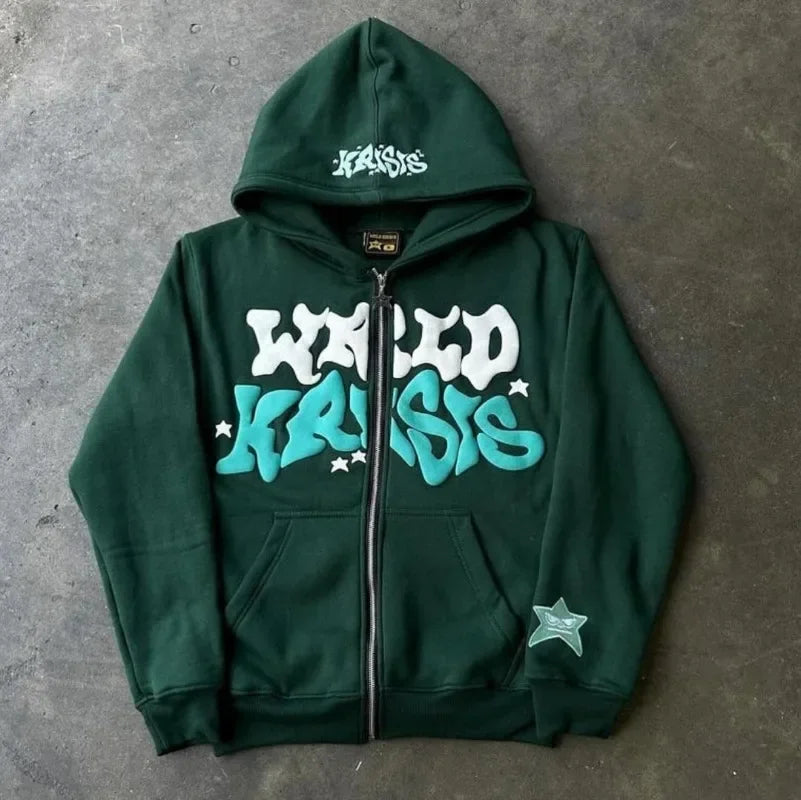 Y2k Street Retro Letter Print Loose Casual Fashion Zipper Hoodie Women Harajuku Hip-hop Versatile Oversized Sweatshirt Men Street King Limited