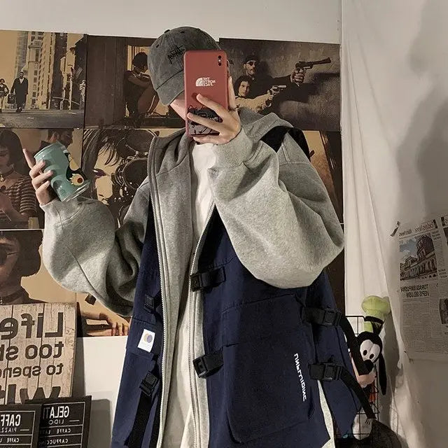Fake two-piece coat men's ins, trendy Japanese functional workwear hooded jacket, autumn European and American retro trend tops Street King Limited