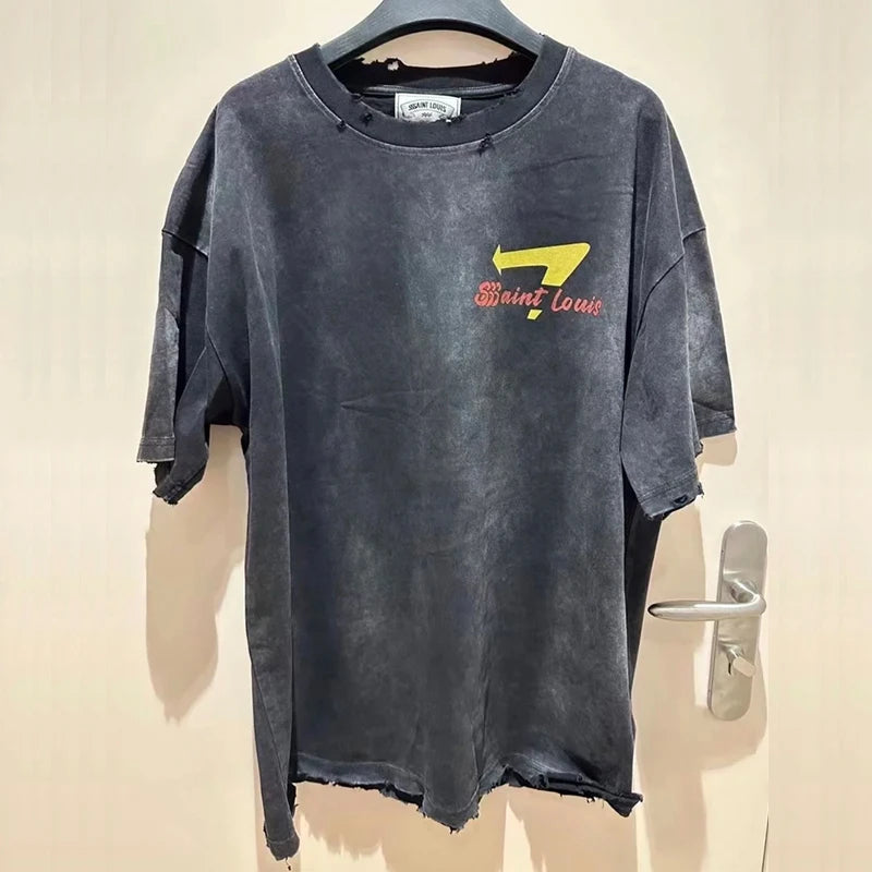 2024ss Saint Louis T-shirts Men Woman Good Quality Cotton Loose Wash White Nightmare Debris Printing Top Tees Street King Limited