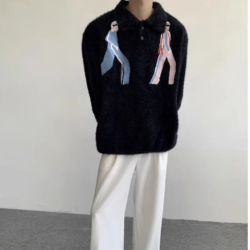 Korean Embroidery Lapel Sweater Mens Spring Street Trends Soft Seahorse Hair Loose Pullover Thickening Y2K Couple Knitwear New Street King Limited