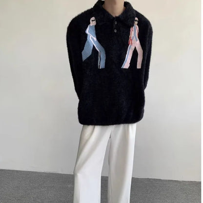 Korean Embroidery Lapel Sweater Mens Spring Street Trends Soft Seahorse Hair Loose Pullover Thickening Y2K Couple Knitwear New Street King Limited