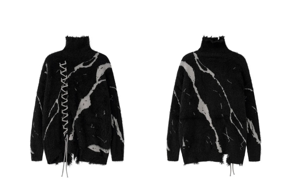 Distressed Splicing Turtleneck Sweaters Men Women Pullover Knit Sweater Jumper Fall Winter Hip Hop Streetwear Black Sweater Y2K Street King Limited