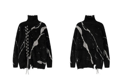 Distressed Splicing Turtleneck Sweaters Men Women Pullover Knit Sweater Jumper Fall Winter Hip Hop Streetwear Black Sweater Y2K Street King Limited