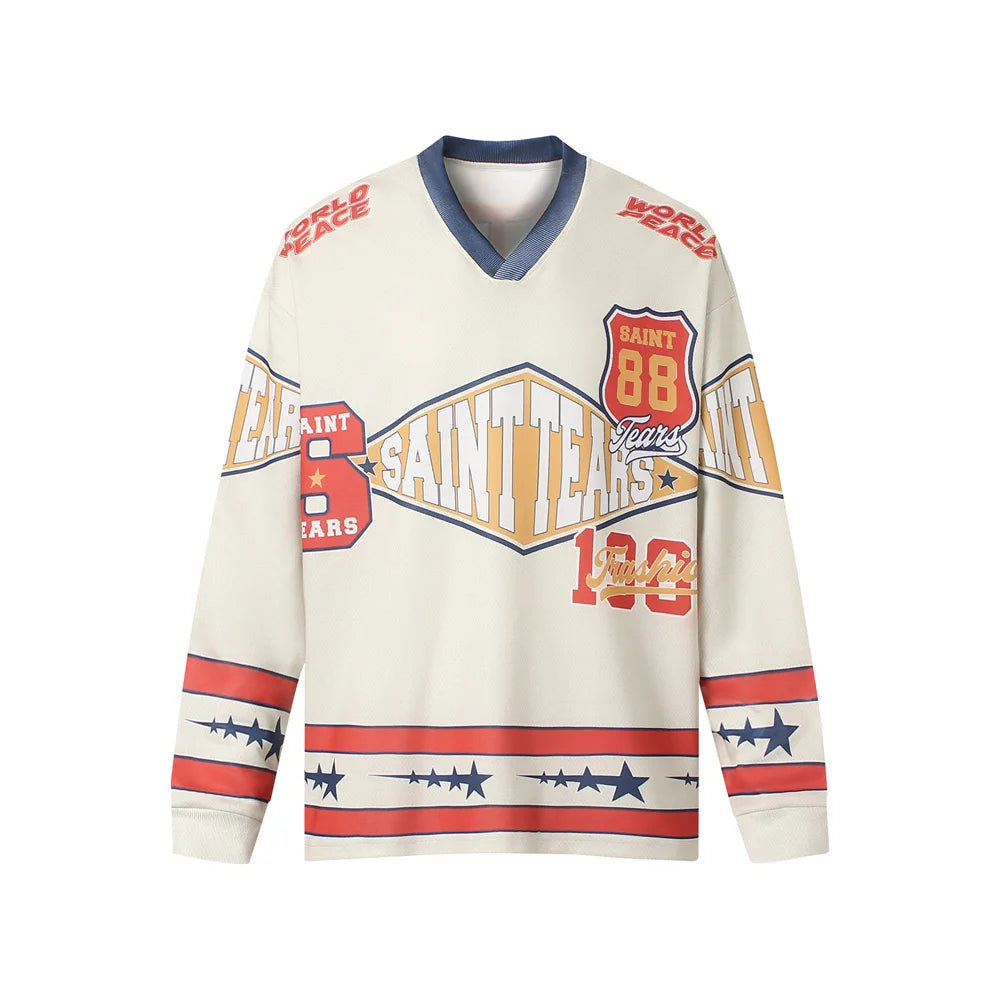 2024 Vintage Retro SM Brand Fashion Jersey Style Print Cotton High-Street Casual Loose Long Sleeve Sweater Pullover Sweatshirt Street King Limited