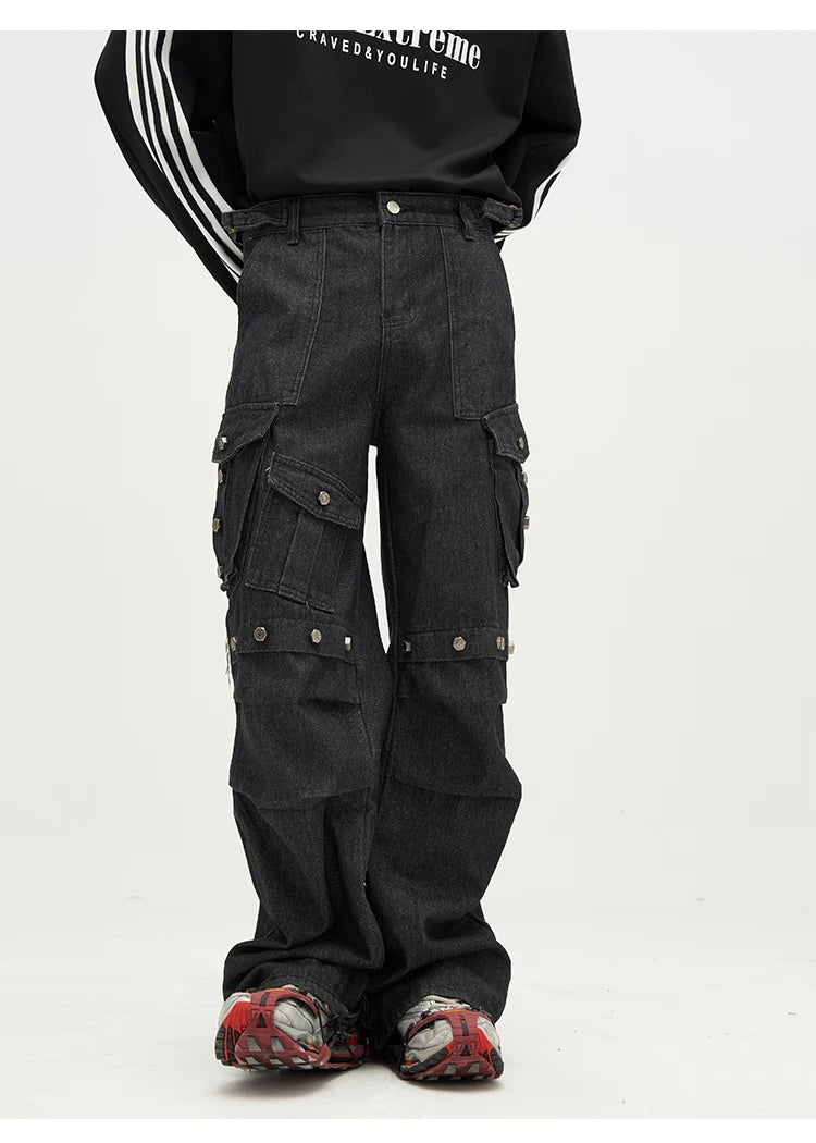 punk rivet denim jeans pants mens 2023 harajuku streetwear bottom zipper cotton casual oversize joggers straight pants trousers unique joggers style 3460