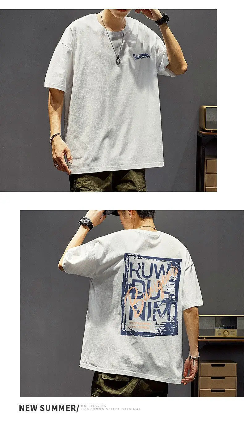 Cotton short-sleeved t-shirt men's ins trendy summer American hip-hop national trend printed loose youth white tops men clothing Street King Limited