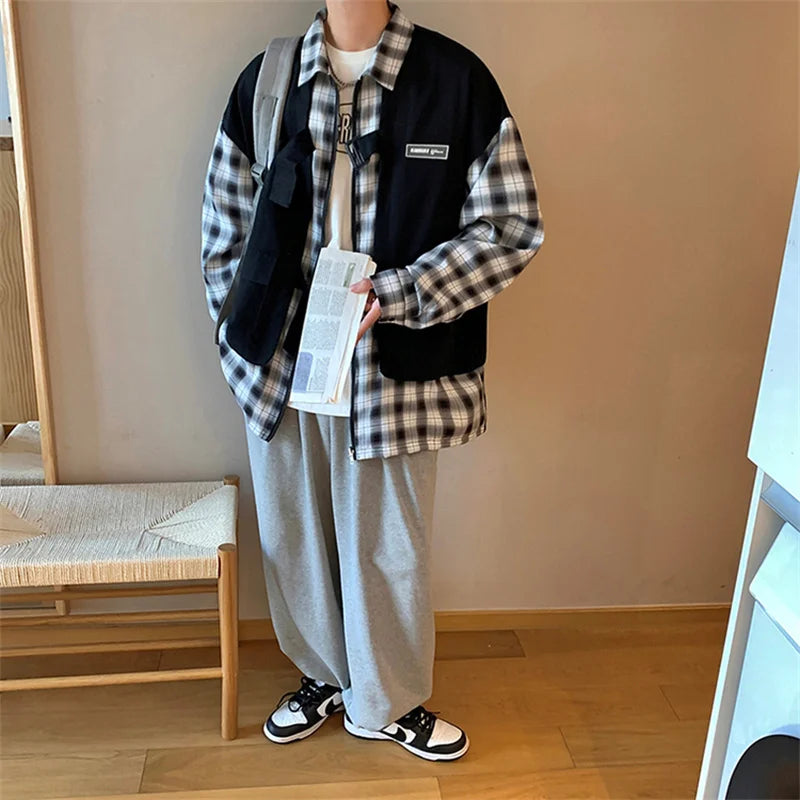 Streetwear New Fake Two Piece Zip Plaid Cargo Shirts Mens Japanese Streetwear Fas 2024 New Fake Two Piece Zip Plaid Cargo Shirts Mens Japanese Streetwear Fashion Social Shirt Autumn Long Sleeve Baggy Y2K Shirt Fashion Sweater Jacket With Graphic Design For Men