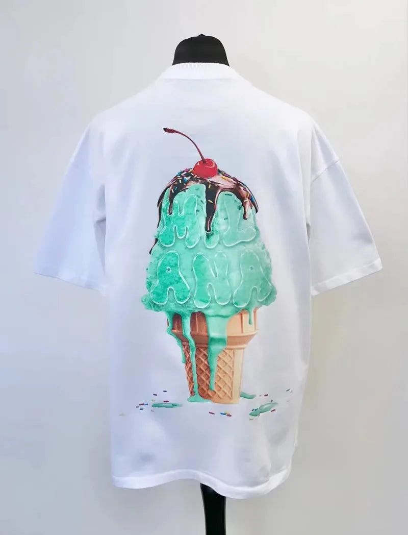 2024 summer new street style ice cream print short sleeve cotton T-shirt men Y2k top Gothic style Harajuku loose couple shirt Street King Limited