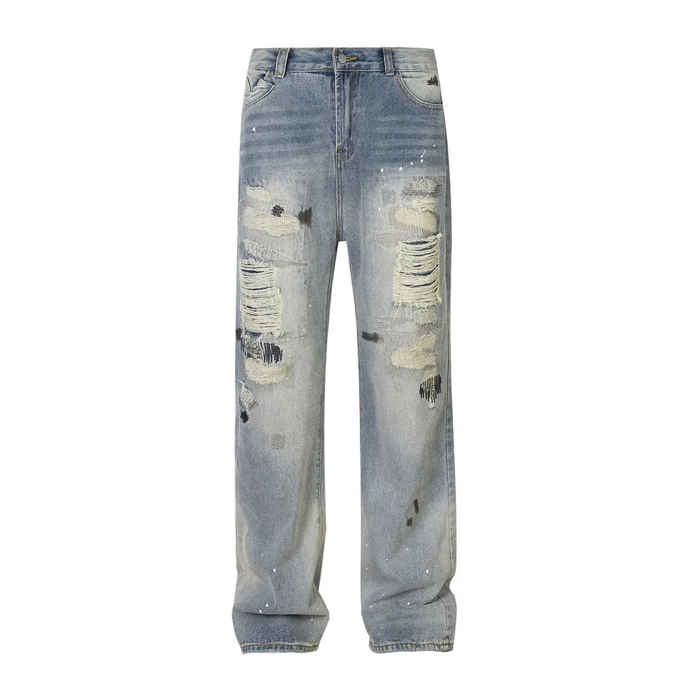 mens fashion ripped jeans blue straight baggy jeans trousers luxury loose casual distressed denim pants male 1 urban skinny jeans