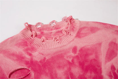 2023 Y2K Hole Knitted Sweater Hip Hop Streetwear Tie Dyed Distressed Ripped Pullover Men Harajuku Casual Knitwear Unisex Street King Limited