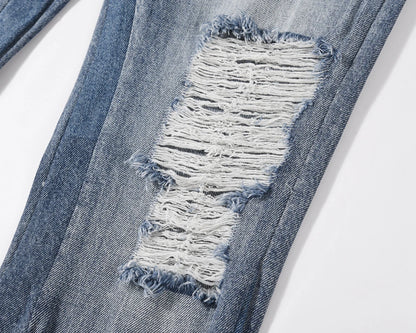 Contrast Color Hole Washed Blue Jeans for Men Streetwear Loose Ripped Flare Pants Frayed Retro Casual Oversized Denim Trousers Street King Limited