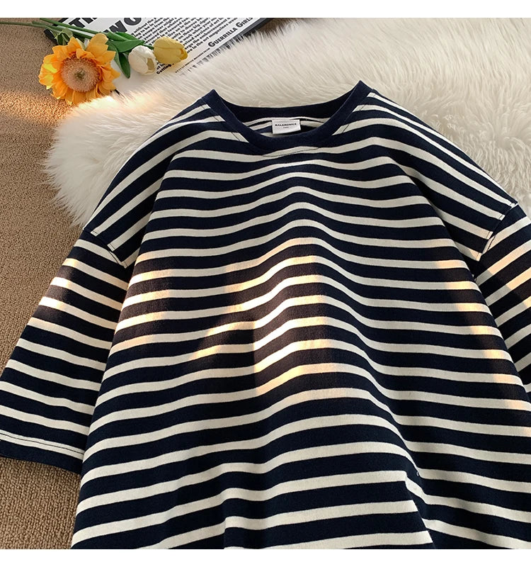 Japanese Striped Contrasting Color Short-Sleeved T-Shirt Men's Summer Pure Cotton 280g Heavy Loose Half-Sleeved T-Shirt Street King Limited