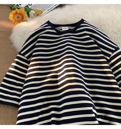 Japanese Striped Contrasting Color Short-Sleeved T-Shirt Men's Summer Pure Cotton 280g Heavy Loose Half-Sleeved T-Shirt Street King Limited