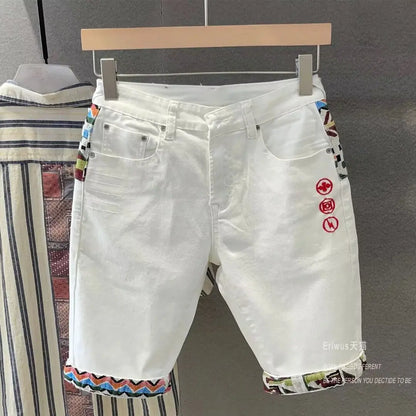 Summer New Denim Shorts Men's Stitching Embroidery Ripped Knee-length Shorts White 2024 Korean Fashion High Quality Jeans Street King Limited