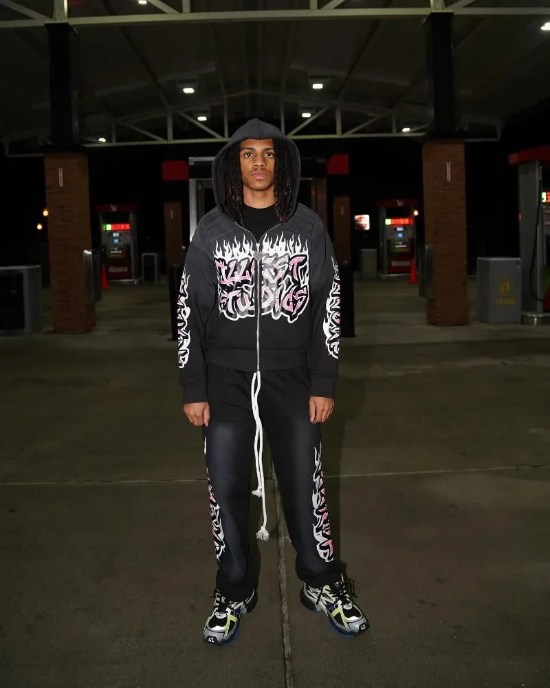 y2k street hip-hop goth trend oversized hoodie suit men's fashion Harajuku style casual loose versatile zipper sweatshirt top Street King Limited