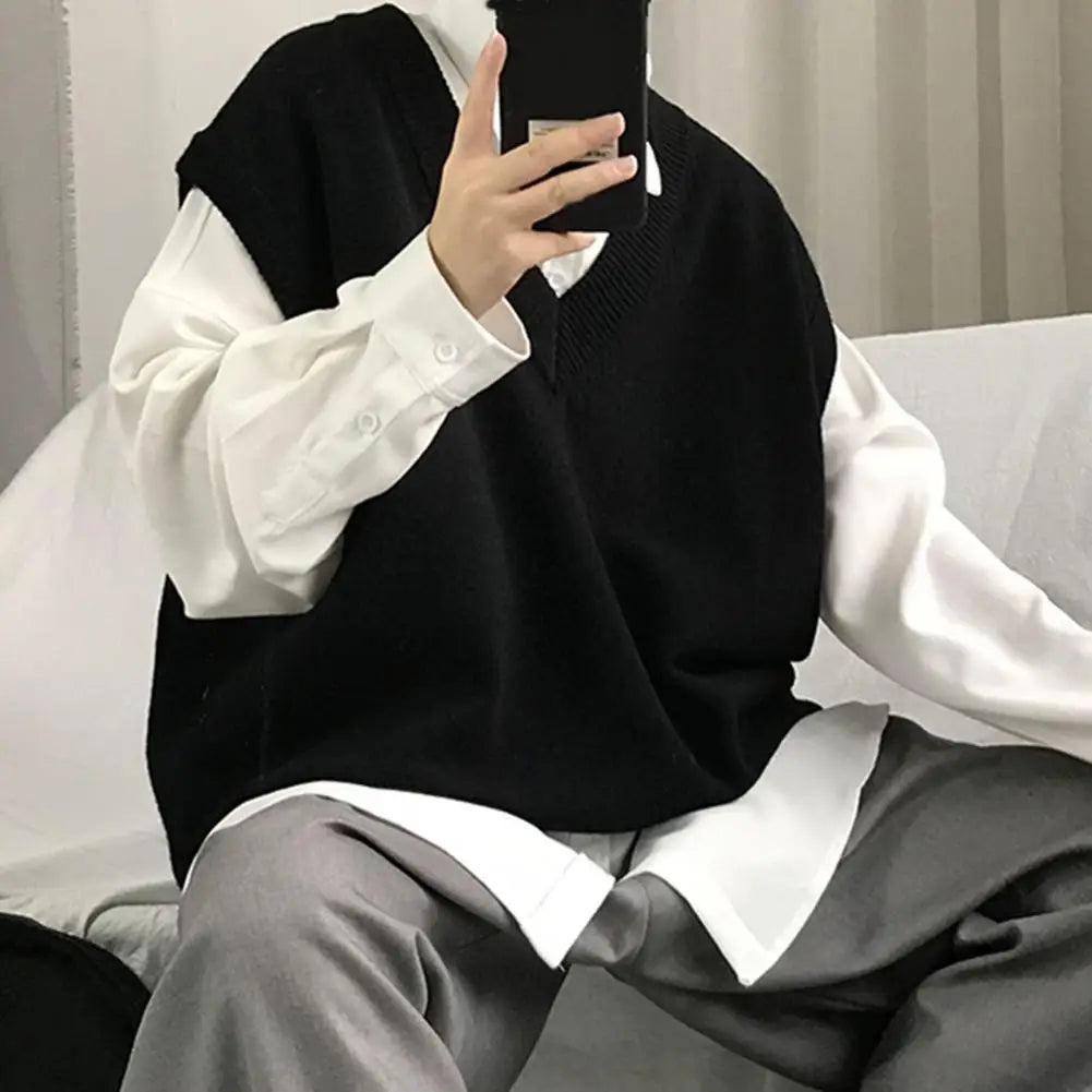 Men Sweater Vest V Neck Solid Color Sleeveless All Match Spring Sweater for School Male Pullovers Men's Clothing Streetwear Street King Limited