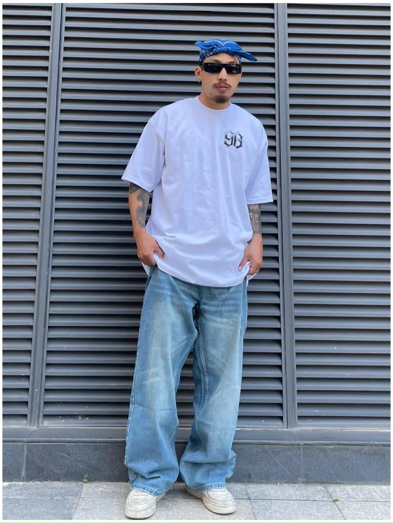 fashion loose streetwear denim jeans pants unisex casual side pocket wide legs jean trousers hip hop joggers mens baggy jeans casual joggers