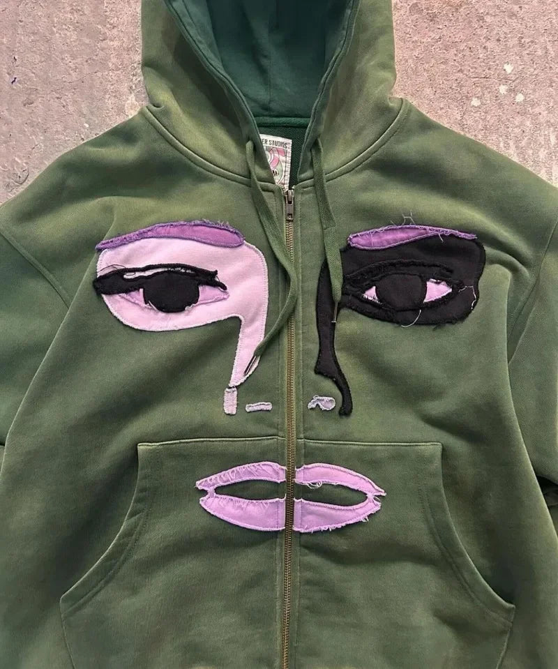 Fashionable Cartoon Embroidered Oversized Cardigan Jacket Women Y2k Harajuku Hip-hop Gothic Punk Casual Loose Zipper Hoodie Men Street King Limited
