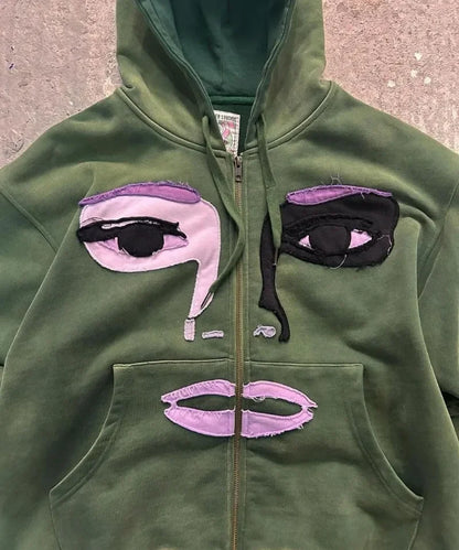 Fashionable Cartoon Embroidered Oversized Cardigan Jacket Women Y2k Harajuku Hip-hop Gothic Punk Casual Loose Zipper Hoodie Men Street King Limited