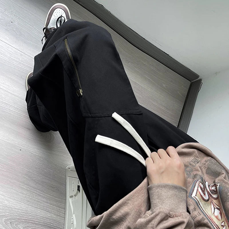 new korean fashion cargo straight pants for men autumn casual zipper pocket drawstring trousers classic tactical y2k pantalones 1 utility cargo pants
