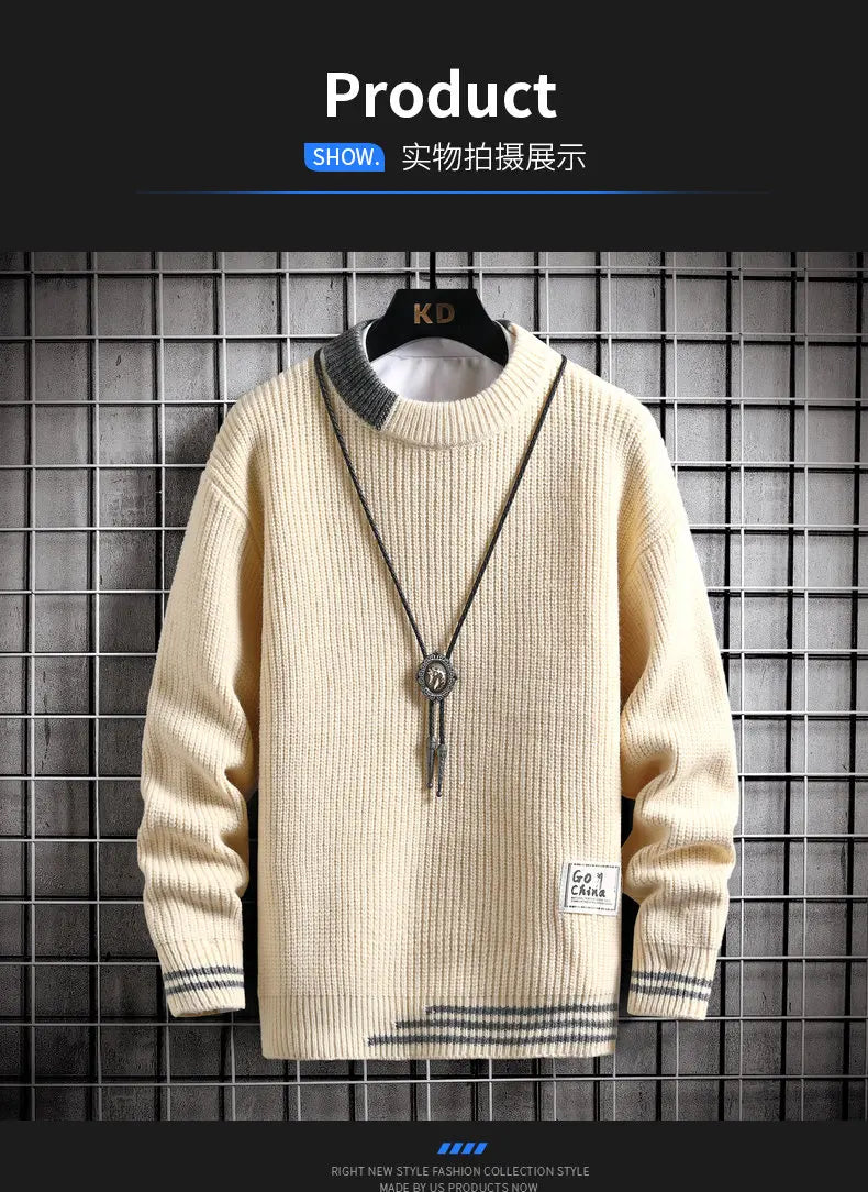 Autumn Winter Men Sweater Warm Top New Fashion Stitching Color Matching Pullover Round Neck Sweater Thickened Knitted Sweater Street King Limited