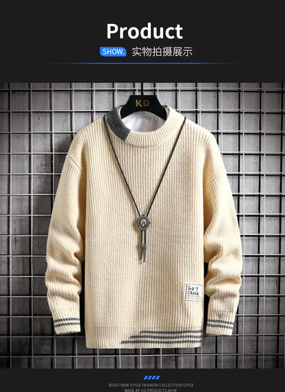 Autumn Winter Men Sweater Warm Top New Fashion Stitching Color Matching Pullover Round Neck Sweater Thickened Knitted Sweater Street King Limited