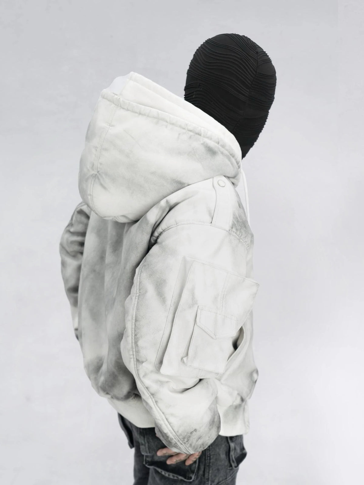 new arrival vintage heavyweight dirty grey double layer hooded leather jacket with multiple pockets zipper design cotton jacket minimalist street pants