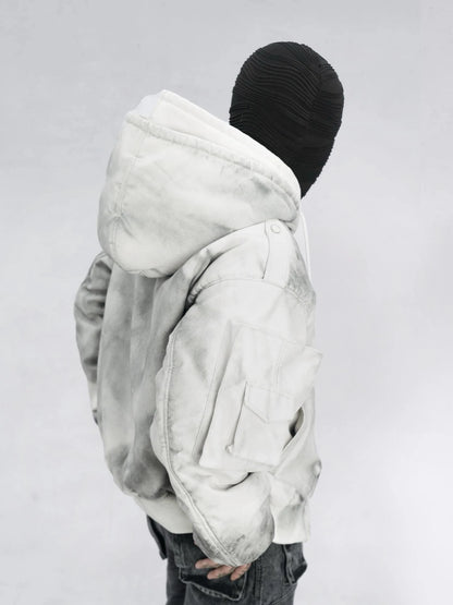 new arrival vintage heavyweight dirty grey double layer hooded leather jacket with multiple pockets zipper design cotton jacket minimalist street pants