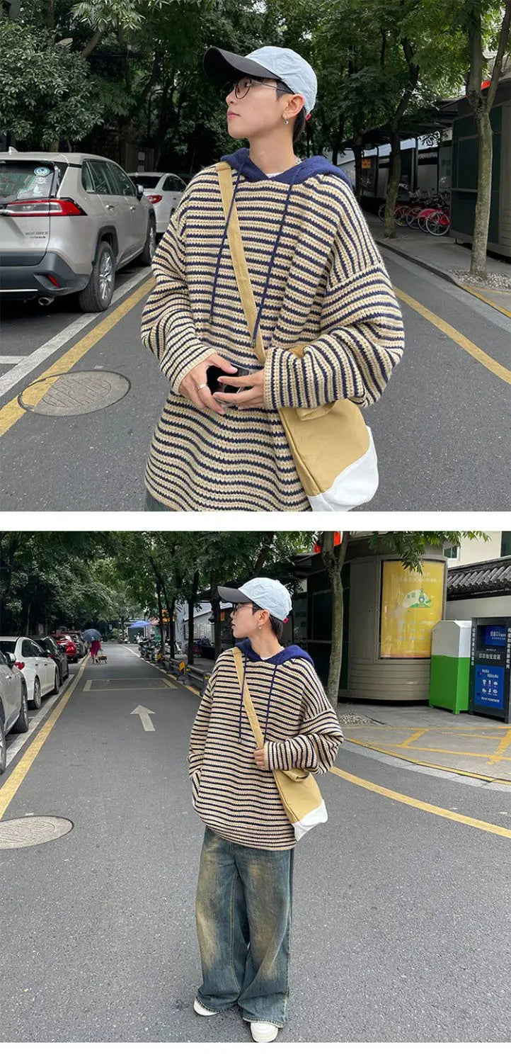 Y2K Striped hooded sweater for men and women autumn and winter American retro trend couple lazy loose and casual knitted top Street King Limited