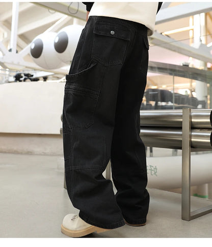 men american streetwear fashion loose casual hip hop wide leg black denim baggy jeans pants man y2k cargo jeans trousers unique cargo style 2221