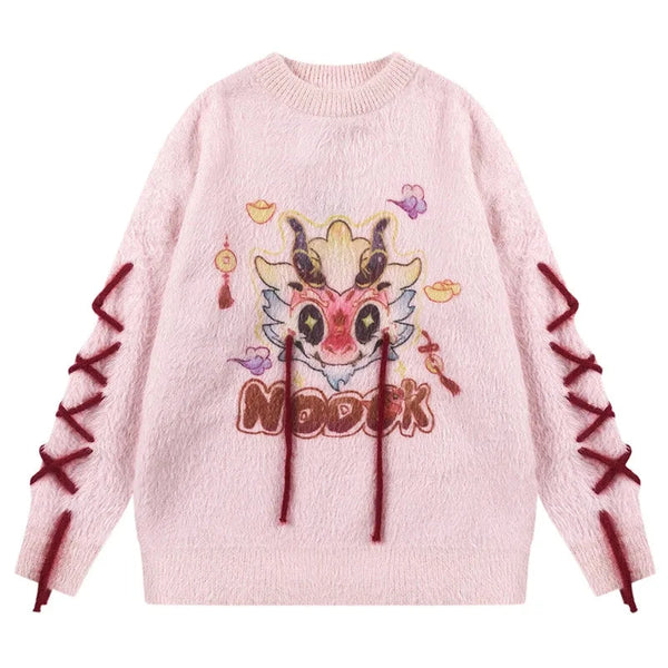 Men Sweater Jacket Year of the Dragon Funny Cartoon Drawstring Pullover American Retro Loose Round Neck Knitwear Unisex Street King Limited