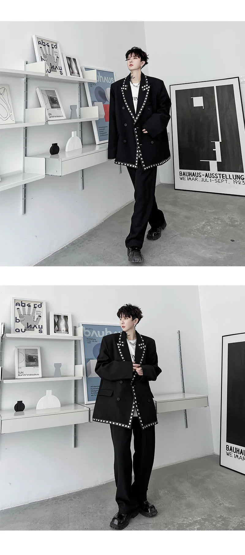 men streetwear fashion loose casual rivet hip hop party dress 2 piece suits blazers jacket pant sets stage clothing costume unique default style 1527