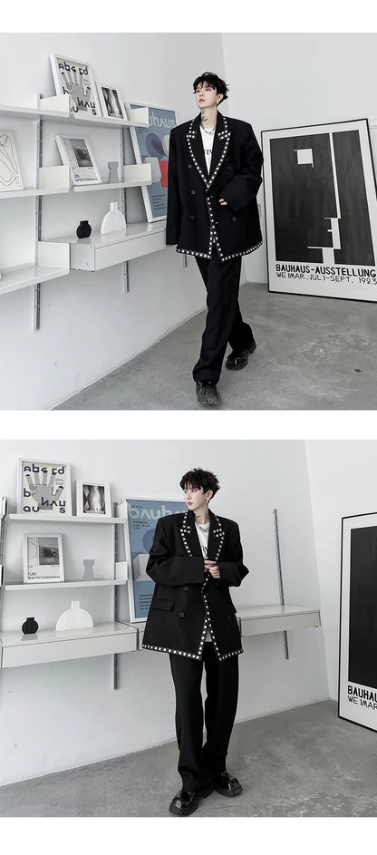 men streetwear fashion loose casual rivet hip hop party dress 2 piece suits blazers jacket pant sets stage clothing costume unique default style 1527