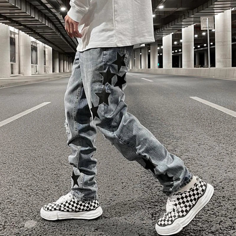 fashion ripped destroied jeans trousers distressed biker jeans with stars high street slim pants joggers denim jeans for men streetwear sweatpants