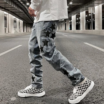 fashion ripped destroied jeans trousers distressed biker jeans with stars high street slim pants joggers denim jeans for men streetwear sweatpants