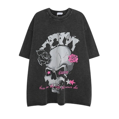 2023 Streetwear T Shirt Skull Skeleton Graphic Hip Hop Oversized T-Shirt Men Cotton Tops Tees Retro Washed Black Tshirt Hipster Street King Limited