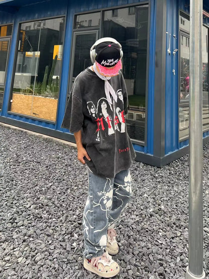 fashion lightning skull printed denim jeans mens unisex casual zipper straight jeans streetwear hip hop y2k jean pants joggers unique joggers style 5197