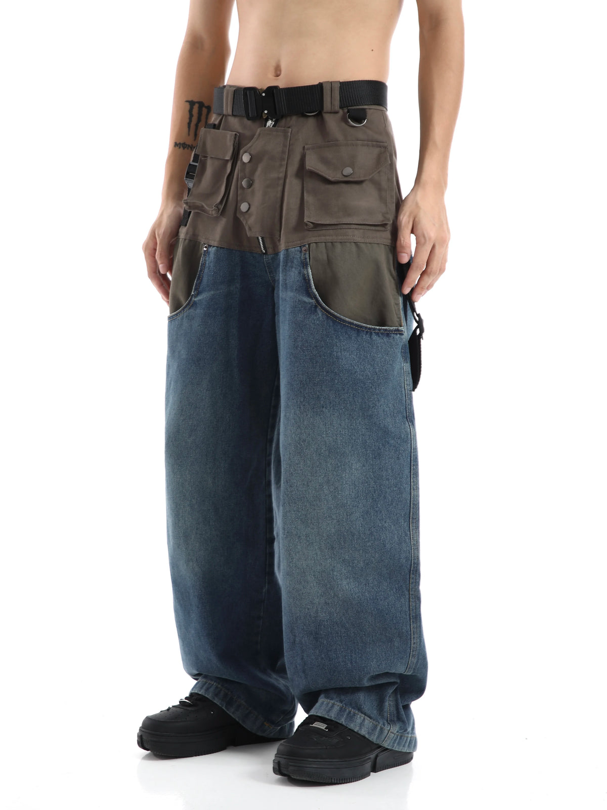high street cargo pocket patchwork denim jeans pants unisex fashion loose wide leg straight functional tactics pants joggers men unique joggers style 742
