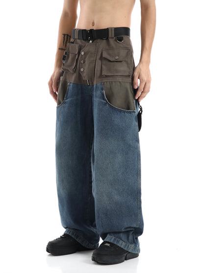 high street cargo pocket patchwork denim jeans pants unisex fashion loose wide leg straight functional tactics pants joggers men unique joggers style 742