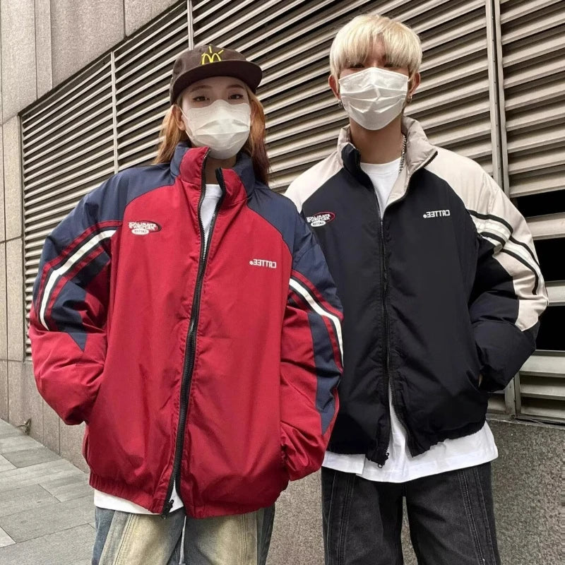 Winter Double Sided Parkas Women Men Thick Warm Patchwork Cotton Padded Coat High Street Loose College Stand Collar Outwear New Street King Limited